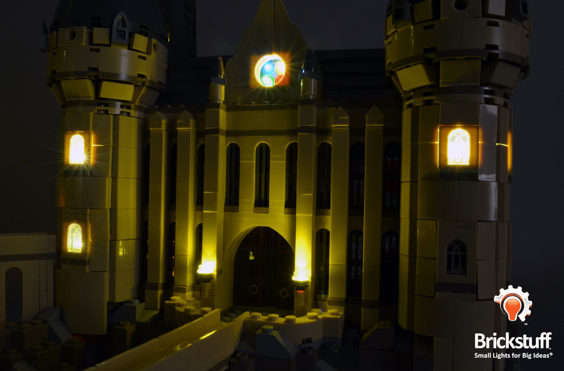 Photo of LEGO Hogwarts Castle second front half with the Brickstuff light and sound kit installed.