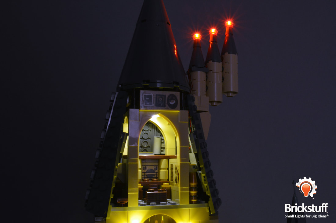 Photo of LEGO Hogwarts Castle Dumbledore's office with the Brickstuff light and sound kit installed.